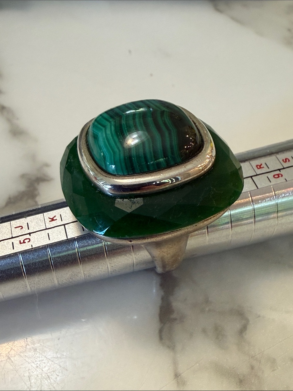 Whitney Kelly silver, malachite, and green glass ring, size 7